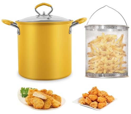 Deep Fryer Pot Chip Pans with Basket and Lid, 3L Stainless Steel Frying Pot with Heat Resistant Handle, Home Multipurpose Deep Fryer Pan for Kitchen French Fries, Tempura Chips, Fish, Chicken (yellow)