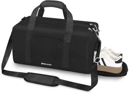 BELICOO Gym Bag Mens Sports Bag with Shoes Compartment & Wet Pocket, Water Resistant Travel Duffle Bag w/Padded Shoulder Strap, Black Lightweight Holdall Bag Overnight Bag, Kit Bag for Men Women