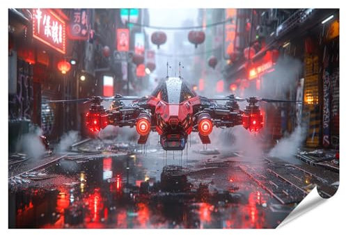 islandburner Prime XXL Bild Poster Futuristische Drohne in regnerischer Cyberpunk Stadt hoher Qualität Premium Bilder Fotodruck