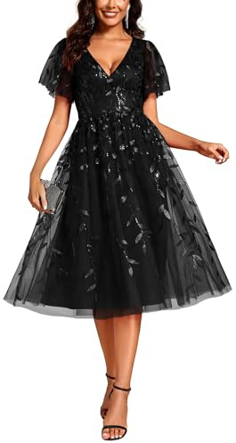 Ever-Pretty Abiti Eleganti Cerimonia Donna Senza Schienale Paillettes Scollo a V Vita Impero Abiti da Sposa Donna Nero 50