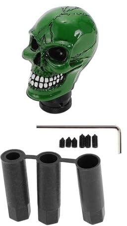 HEROFFIX Pomo De Cambio Universal De Calavera 1 Set Verde Resina | Para Automáticos Y Manuales, Tamaño 8.7x6 Cm, Adaptadores 8/10/12Mm, Rosca M4x0.7, 3 Adaptadores, 6 Tornillos, 1 Llave