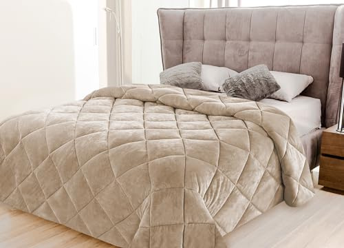IlGruppone Trapunta Elegante Matrimoniale In Velluto Piumone Invernale Effetto Piuma 600 Gr/Mq Piumino Caldo Due Piazze Inverno Coperta Duck Friendly Prodotto Italiano - Beige