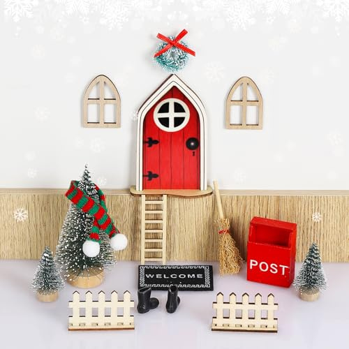 Wichteltür Set 15 Stück, Miniatur Wichtel Zubehör, Holz Wichtel Tür Rot Elfentür Wichtelset, Wichtelhaus Bausatz Komplettset inkl Feentür, Briefkasten, Zäun für Advent, Weihnachten Deko Geschenke DIY
