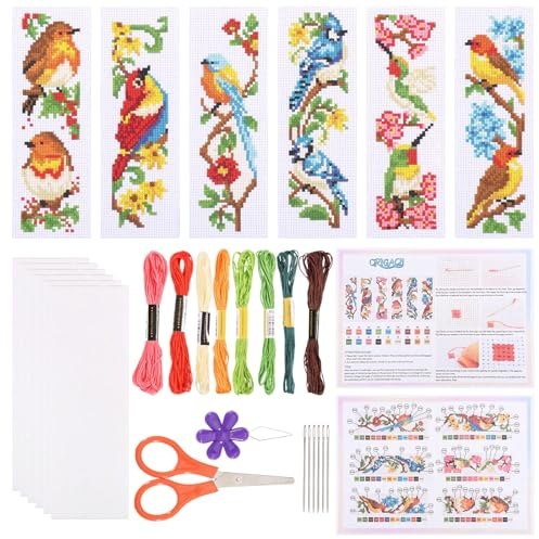 ORIGACH 6 Stück Blumen Und Vögel Kreuzstich Lesezeichen Set für Anfänger | 11CT Kreuzstich Set mit Anleitung Vorgedruckt, Vorgedruckt Sticken Lesezeichen-Set für Erwachsene Buch-Liebhaber