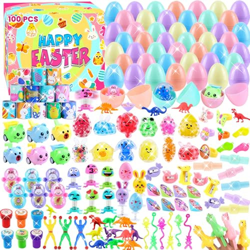XIMISHOP 100PCS Prefilled Easter Eggs with Party Favors，Filled Easter Party Bag Fillers Easter Prize Box Toys for Boys Girls Easter Basket Stuffers Classroom Prizes Rewards Goodie loot Bag Fillers