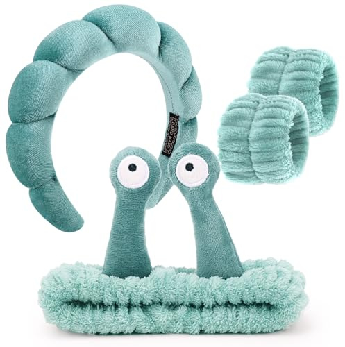 DRESHOW Spa Stirnband zum Waschen Gesicht Armband Schnecke Haare Bands Set Elastische Make Up Schwamm Weichem Frottee Hautpflege Rutschfest Stirnband Cartoon für Damen