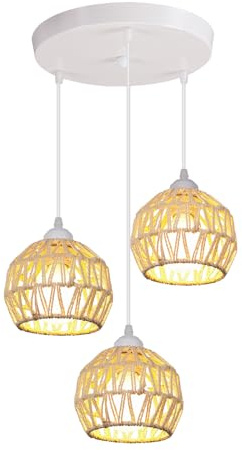 LIGKIN 3 Lampes Suspension Industriel Lustre Vintage Abat-jour en Métal et Rotin E27 Lampe Suspendue Luminaire Plafonnier Rétro pour Restaurant Salon Chambre, Blanc