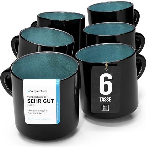 Steingut kleine Kaffeetassen 6 Pers. Ibiza Hochwertiges Mediterranes TEST SEHR GUT Tassen Set, Spülmaschinen-, Mikrowellen- und Kratzfest - Stylisches Tee- und Kaffeebecher Set - Pure Living in Petrol