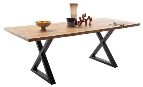 Lomadox Esszimmer Massivholz-Esstisch Tisch 180x100 cm in Wildeiche massiv geölt mit X-Gestell und Baumkantenoptik, Echtholz