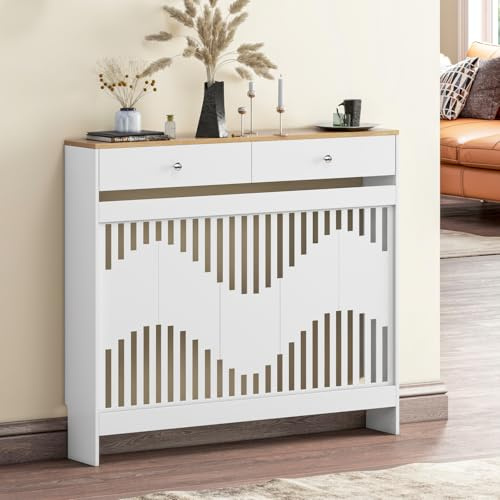 Luxstein Radiator Cover with Drawers, White Wooden Radiator Shelf Pipe Covers Cabinet with Wavy Grill for Living Room Bedroom Hallway, 109Lx19Wx95Hcm