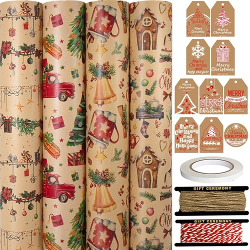 HaloCasa Carta da Regalo di Natale – Set da 4 Rotoli (43 cm x 3 m) di Carta Kraft Riciclata con Motivi Retrò con Etichette Regalo e Spago di Juta – per Calendario dell’Avvento e Confezioni Regalo