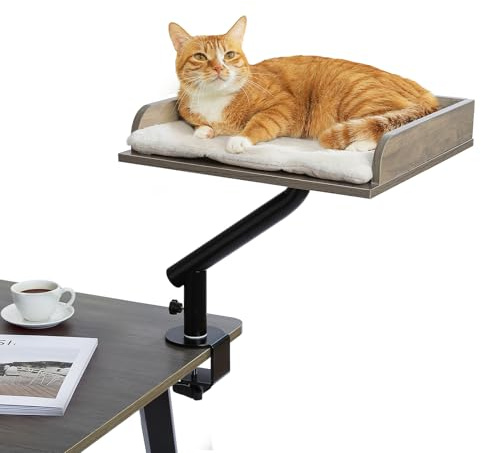 PAWZ Road Katzenbett für Schreibtisch, Holz-Katzenbett, Katzenkorb | für drinnen, 360° drehbar & höhenverstellbar, Katzen Hängematte für Kratzen, unterstützt bis zu 23kg, Grau