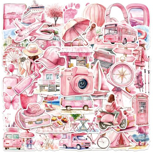 JYNVO 100 Pegatinas Viaje Outdoor, Pegatinas Rosa Impermeables, Regalo Souvenir de Voyage para Mujeres, para Scrapbook, Laptop, Bicicleta