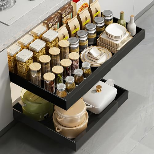 Woobroo Pull Out Cabinet Organiser, Slide Out Kitchen Cupboard Organiser with Adjustable Width 32 to 52 cm, Pull Out Kitchen Storage for Pantry and Bathroom(black)