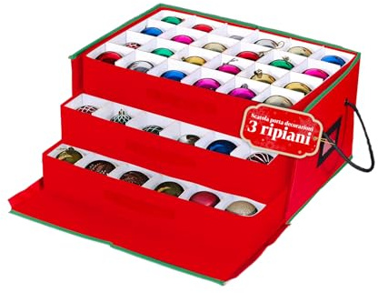 Avilia – Scatola Porta Addobbi di Natale con 3 Cassetti Estraibili per 72 Palline di Natale, Struttura Rigida in TNT 51x35x24 cm, Zip Robusta e Etichetta Trasparente per Conservazione Ordinata