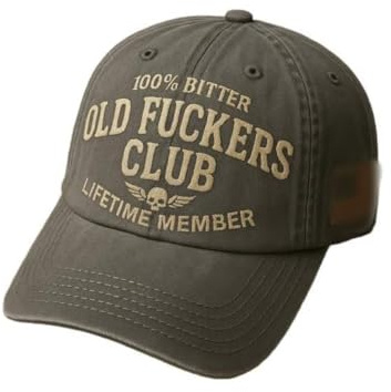Basebollkeps i vintagestil, basebollkeps med texten ”100 % Bitter Old Fuckers Club Lifetime Member”, handgjorda broderier, justerbar storlek, sliten svart keps, rolig hatt, Grå, 1