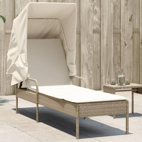 RMIHSJG Beige Poly Rattan Sonnenliege mit ausziehbaren Sonnendach und 4-Fach Verstellbarer Rückenlehne für Garten Terrasse Balkon