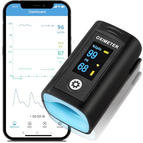 Oxymètre De Doigt, Saturomètre Oxymetre Avec Bluetooth Et Application Dédiée, Mesure La Saturation En Oxygène (SpO₂) Et La Fréquence Cardiaque, Avec Fonction D’Alarme, Piles Incluses