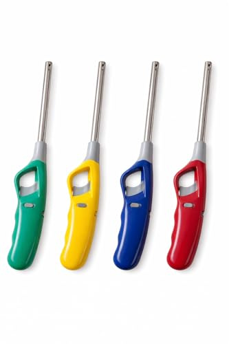 Stabfeuerzeug 4 Stück Set – Nachfüllbar 27 cm, Langes Gasfeuerzeug – Für Kerzen, Grill, Kamin & Herd – Bunt, mit Lock-Schalter & Einstellbarer Flamme, Sichtfenster