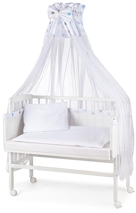 Waldin Baby Beistellbett mit Matratze und Stoffen, Höhen-verstellbar, Große Liegefläche 90x55cm, Weiß Lackiert, Sterne/Blau