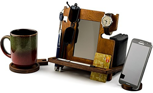 Docking station per telefono da uomo, in legno, per marito, organizer da comodino da uomo, stazione di ricarica con vassoio per cameriere, stazione di ricarica per telefono cellulare