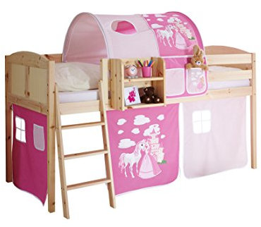 Sparpaket Hochbett Spielbett Eric Landhaus Kiefer massiv Natur, Vorhangstoff:Horse Pink