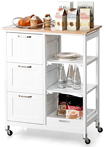 COSTWAY Desserte de Cuisine à roulettes, Chariot de Service avec Plateau en Bois d'Hévéa, 3 Grand Tiroirs, 3 Étagères de Rangements, Roues verrouillables, 37 x 67 x 83,5 cm, Blanc