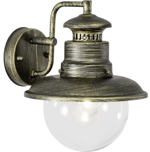 Lightbox Wandleuchte, Wandlampe für Außen, E27 Fassung, IP-Schutzart 44 | Wandleuchte, Wandlampe für Außen, E27 Fassung, IP-Schutzart 44 spritzwassergeschützt, Metall/Glas, Gold gebürstet
