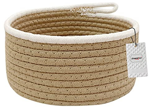 Inwagui Aufbewahrungskorb Mini Kinderzimmer Organizer Rund Geflochten Baumwollseilkorb für Regale und Schreibtische, 7,9x3,9 Zoll,Khaki
