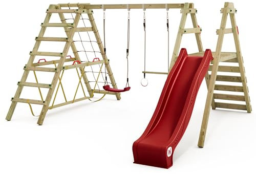 WICKEY Balançoire pour Enfants Portique de balançoire Smart Shake avec Toboggan Rouge et annexe à Grimper, balançoire, portique de balançoire, balançoire Double, balançoire en Bois pour Le Jardin