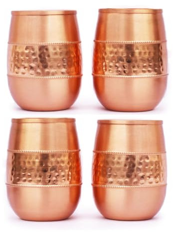 ANCIENTIMPEX Lot de 4 gobelets en cuivre pur (99,74 %) martelé pour les bienfaits de l'Ayurveda - Capacité de 250 ml