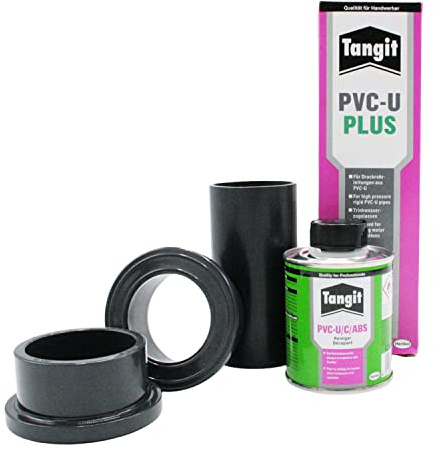 Baumaxxe Pool Reparatur Set mit PVC Kleber und Reiniger - bm225 | 2x Bundbuchsen mit Flansch, 10cm PVC Rohr, Ersatzteile für 50mm Poolverrohrung, mit Tangit PVC Plus Kleber und PVC-U Reiniger