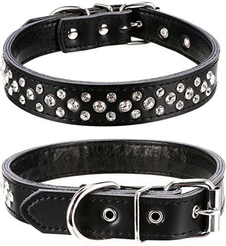 Haoyueer Hundehalsband mit Strasssteinen, verstellbares Halsband aus echtem Leder mit glitzernden Kristallnieten für kleine und mittelgroße Hunde (M, Schwarz)