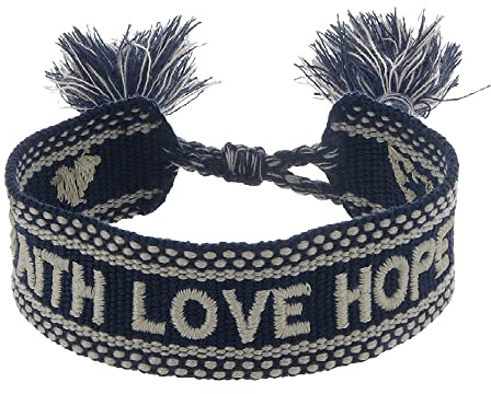 Engelsrufer Armband Damen Schwarz Beige „Faith Love Hope“ – Stoffarmband mit Stickerei, größenverstellbar mit Kordelverschluss, Good Vibes Schmuck Armband