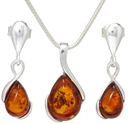 LIGURIUS NATURAL BALTIC AMBER STERLING SILVER 925 NECKLACE & EARRINGS Set Cognac Gemstone For Women & Silver Adjustable CHAIN Snake 45cm - 50 cm, Gift set