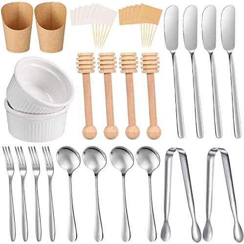 52 Pcs Charcuterie Board Accessories Utensils for Charcuterie Board Wedding Cheese Butter Spreader Knives Set Charcuterie Bowls Serving Tongs Spoon Fork Honey Dipper Toothpick Flag French Fries Holder