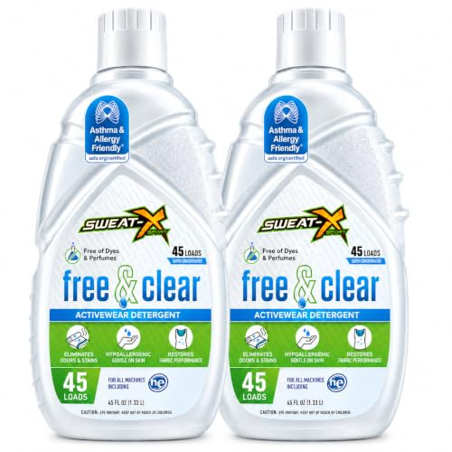 Sweat X Free & Clear Activewear Waschmittel – Zertifiziert Asthma & Allergy Friendly® – Hypoallergen – Entfernt hartnäckigste Flecken & Gerüche – Hochleistungs-Sportwäsche – 45 Waschladungen/Flasche