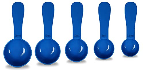 Lot de 5 cuillères doseuses réutilisables à manche court de 2,5 ml, 5 ml, 10 ml, 15 ml, 20 ml | Idéal pour les liquides, poudres, granules, maison, cuisine, restauration, soins de santé, fitness