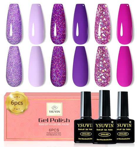 YSUVIN UV Nagellack, 6 Stück Gel Nagellack, Lila Rose Glitzer Soak-Off UV Gellack für Frauen Home DIY Nail Art Maniküre Salon, Langlebig, 8ML
