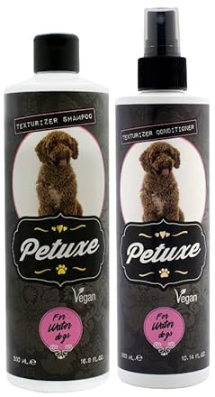 Petuxe Cosmetics Wasser-Hunde-Shampoo 500 ml und Conditioner 300 ml Tiefenreinigung, Locken, maximale Feuchtigkeitsversorgung mit UVA-Chips, Vitamin E und B5, vegan.