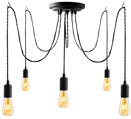SHINY STAR 5flammige Schwarze Industrie Pendelleuchte, Mehrere Spinnen Deckenpendellampen Kronleuchter mit Verstellbarem 3m Gedrehtem, Geflochtenem Kabel, E27 Lampenfassung 82302BLK5