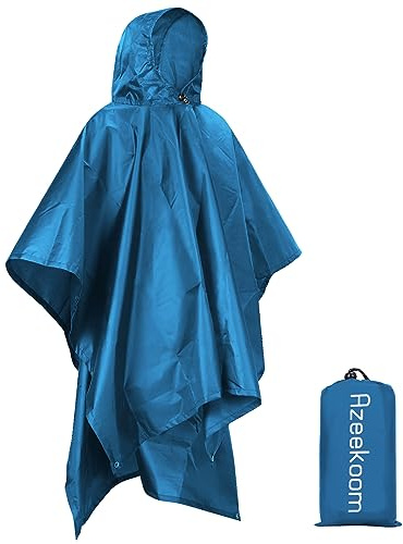 Azeekoom Poncho Impermeable, Poncho de Lluvia Reutilizable con Capucha, Multiusos Ligero Chubasquero para Hombre Mujer Excursionismo, Picnic y Camping (Azul Oscuro)