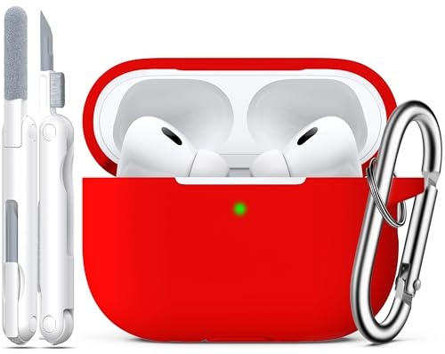 R-fun für AirPods Pro 2 Hülle Weiche Silikon -Rot | Kompatibel mit AirPods Pro 1st/2nd Gen. (2019/2022/2023), Reinigungsset & Schlüsselanhänger inkl., Unisex, Rundumschutz