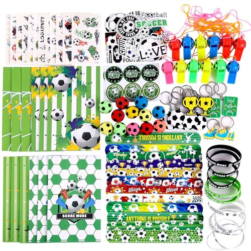 SUNBEAUTY 134 Stück Fußball Party Mitgebsel Kinder mit Fussball Schnapparmband Tattoo Aufkleber Geschenk Taschen Trillerpfeife Schlüsselanhänger Armband Fussball Give Aways für Kinder Geburtstag Deko