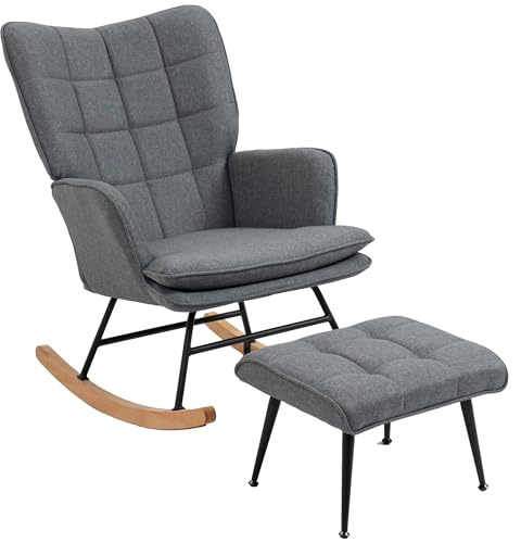 HOMCOM Silla Mecedora con Reposapiés Respaldo Alto 130 kg Gris | Sillón de Relax, Cojín Acolchado, Reposabrazos, Patas de Madera, para Salón, Dormitorio