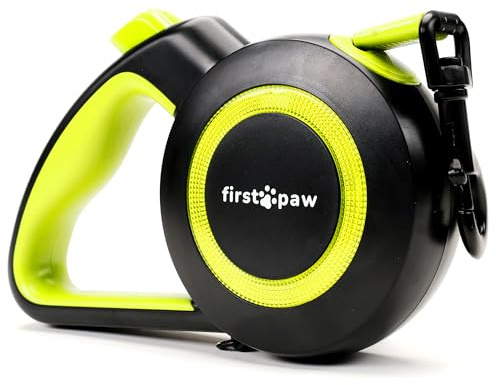 FirstPaw Rollleine Für Hunde bis 50 kg - Ausziehbar Hundeleine 5m, Reflektierendes Band, ergonomisches Design, bissfeste Materialien, leichtes Bremssystem, Zubehörring für Kotbeutel oder Taschenlampe | Rollleine Hund 5 M Mit Reflektierendem Gurt, Schnellbremse Und Ergonomischem Griff; Hundeleine Für Spaziergang Und Training