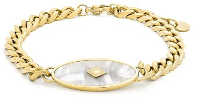 LUXENTER Pulsera de Acero Hipoalergénico con Madreperla Blanca acabada en Oro 18K. Color Dorado. Pulsera de Eslabones. Joyas para Mujer -Modelo Anleh