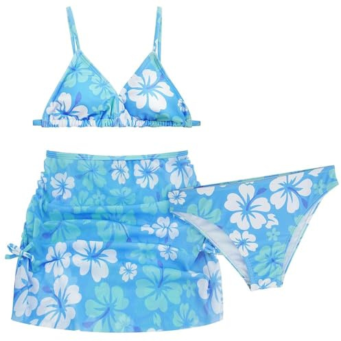 AIEOE Set 3 PCS Bañador con Falda Niñas Bikini con Motivo Floral Traje de Baño Verano para 8-9 Años Azul A