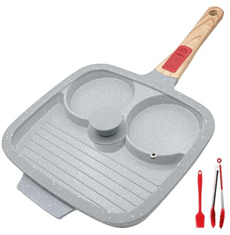 RANX INGST Poêle à Frire 3 Trous avec Couvercle, Poêle à œufs au plat en Céramique avec Poignée Amovible 26 cm, Poêle Grill Antiadhésive 3 en 1 pour Petit-déjeuner - Bleu