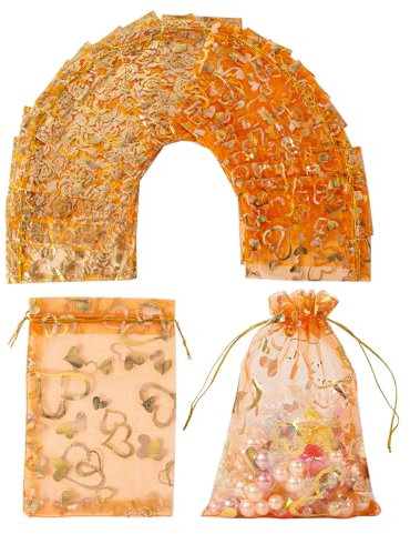 STARUBY Packung mit 100 Orange Organzasäcken 10 x 15 cm 2 Arten von Druck Organzabeutel Geschenkbeutel Kordelzug Geschenkbeutel Mesh-Beutel für Hochzeit Halloween Party Hochzeit Schmuck Candy Bag